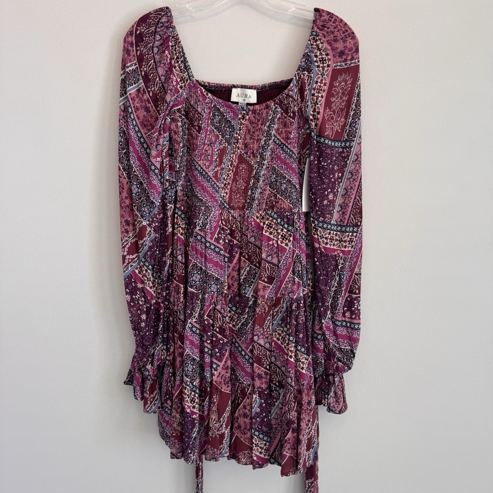 NWT Aura Shop Red Dress XS Purple Boho Patchwork Smocked Long Sleeve Mini Dress - Picture 2 of 14